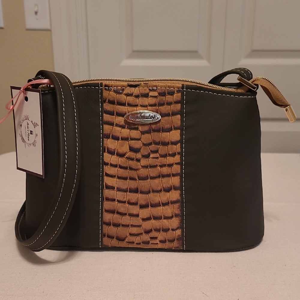 Handcrafted Brown and Tan Leather Lady's Crossbody Bag